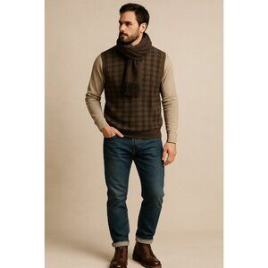 Italian Wool Blend Sweater Vest | Brown Plaid | Made in Italy | Vintage-Inspired